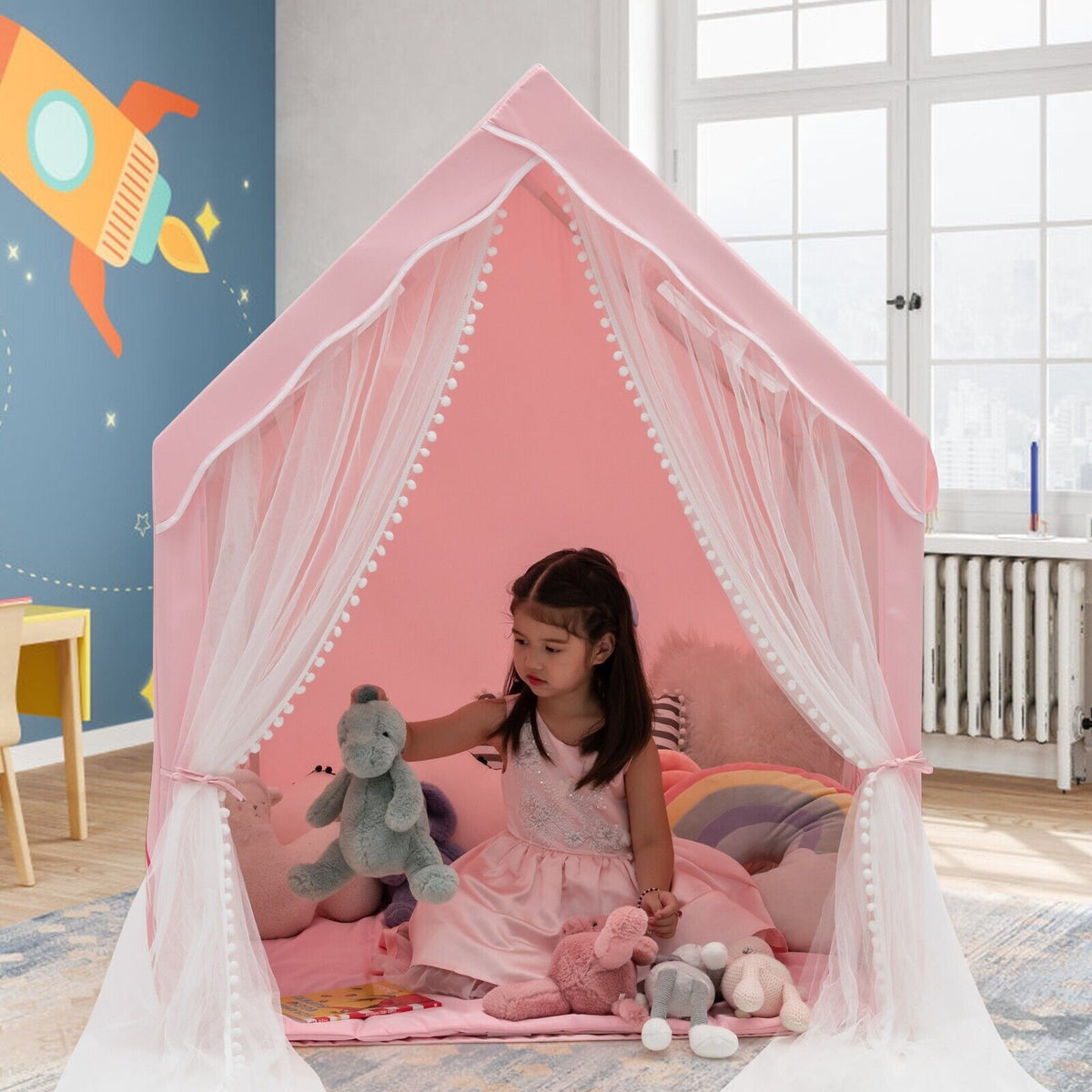 Kids Play Tent with Washable Mat and Windows-Blue