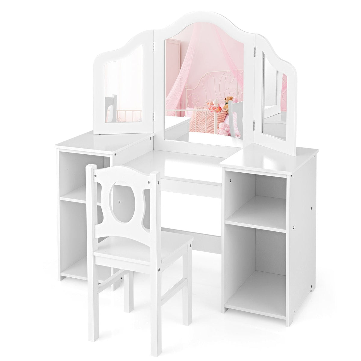 Kids Makeup Desk and Chair Set with Tri-Folding Detachable Mirror-Pink