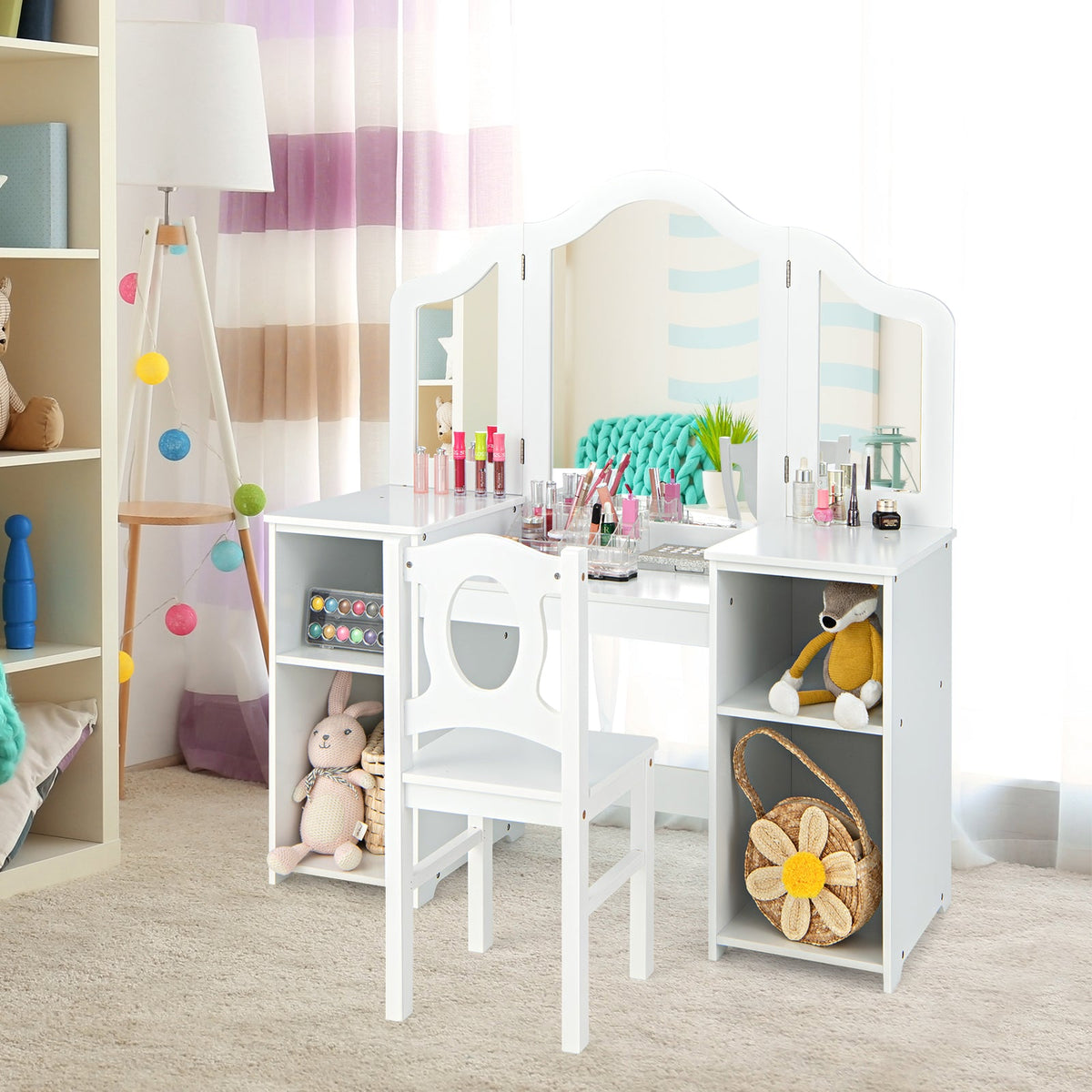 Kids Makeup Desk and Chair Set with Tri-Folding Detachable Mirror-Pink