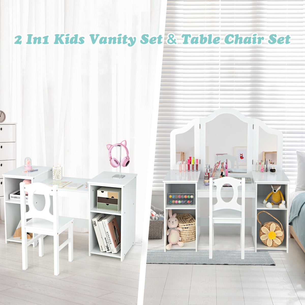 Kids Makeup Desk and Chair Set with Tri-Folding Detachable Mirror-Pink
