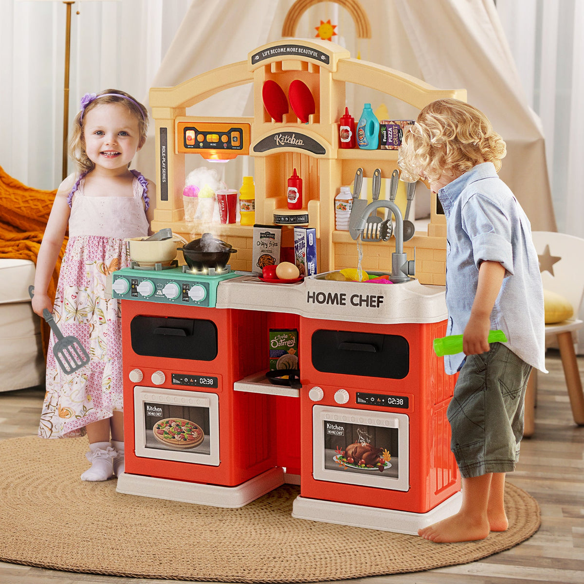 69 Pieces Kids Kitchen Playset Toy with Boiling and Vapor Effects-Blue