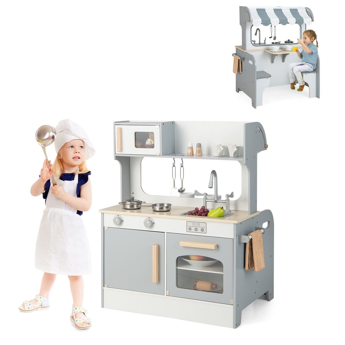 Double Sided Kids Kitchen Playset with Microwave Sink Oven-Blue