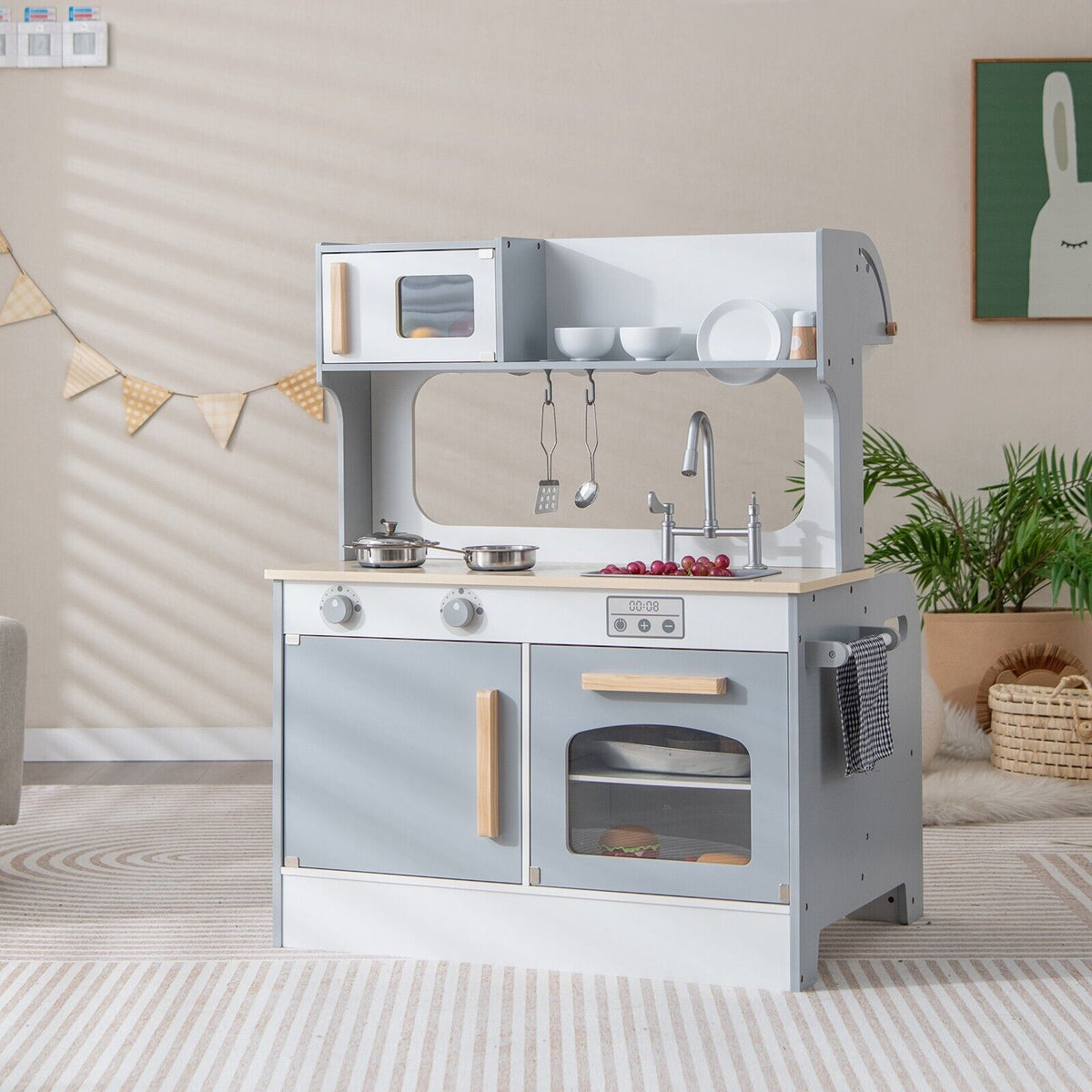 Double Sided Kids Kitchen Playset with Microwave Sink Oven-Blue