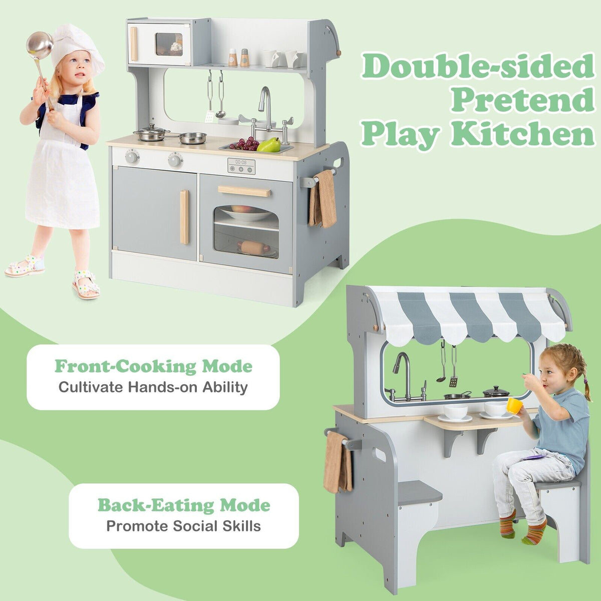 Double Sided Kids Kitchen Playset with Microwave Sink Oven-Blue