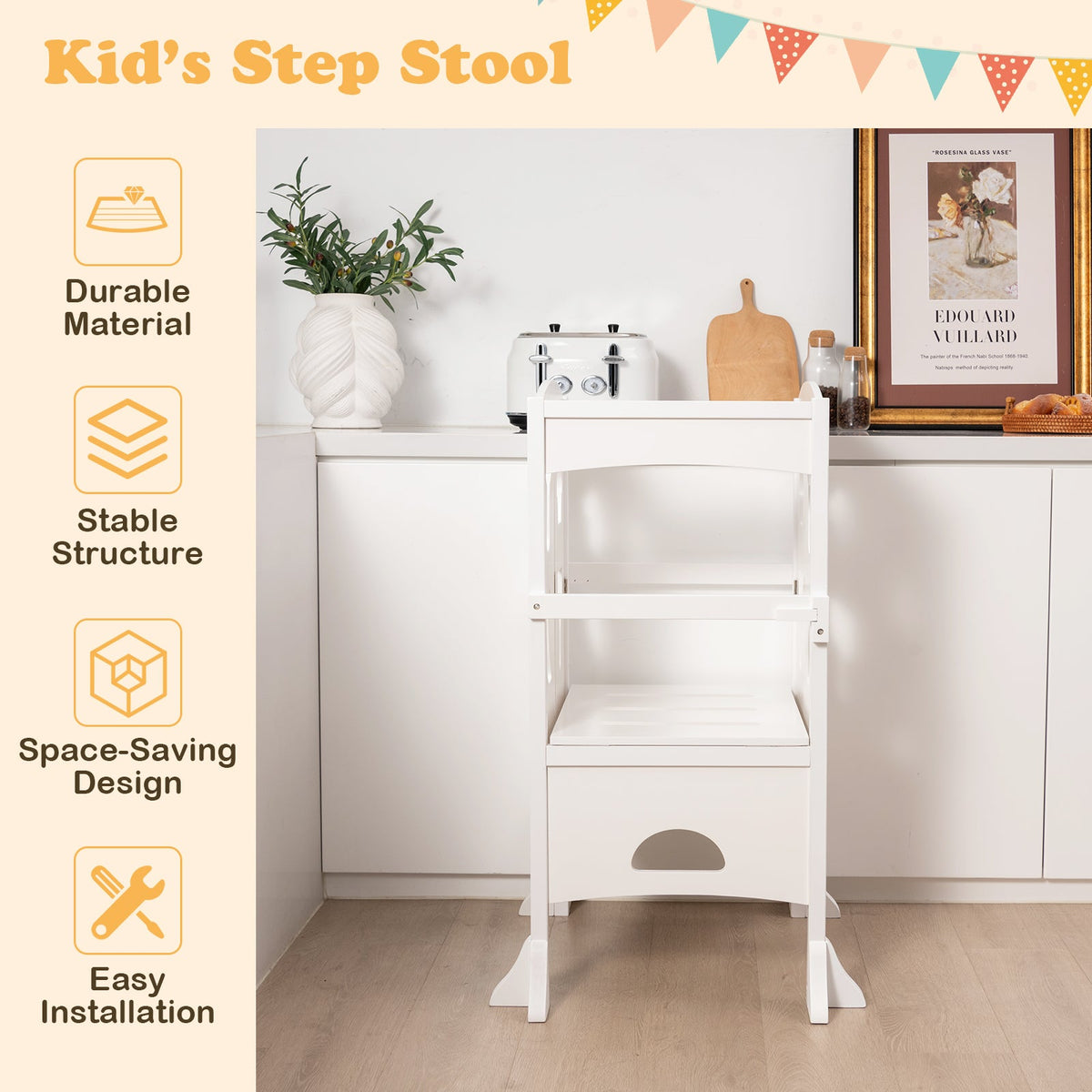 Folding Height Adjustable Kids Step Stool with Safety Latches-Brown