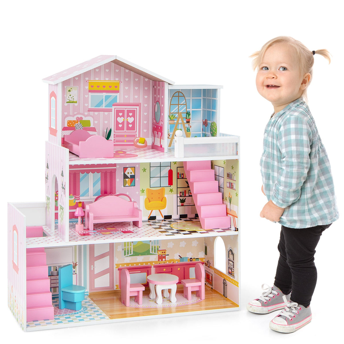Kids Wooden Dollhouse DIY Pretend for Toddlers 3-7 Years Old-Pink