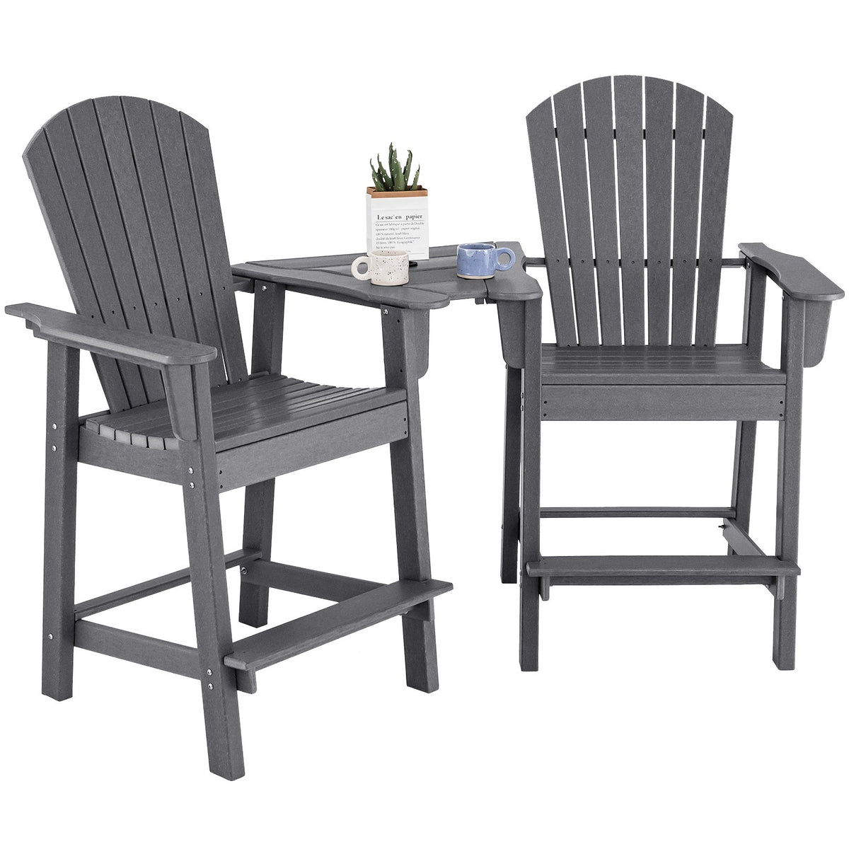Tall Adirondack Chair Set of 2 with Middle Connecting Tray-Black