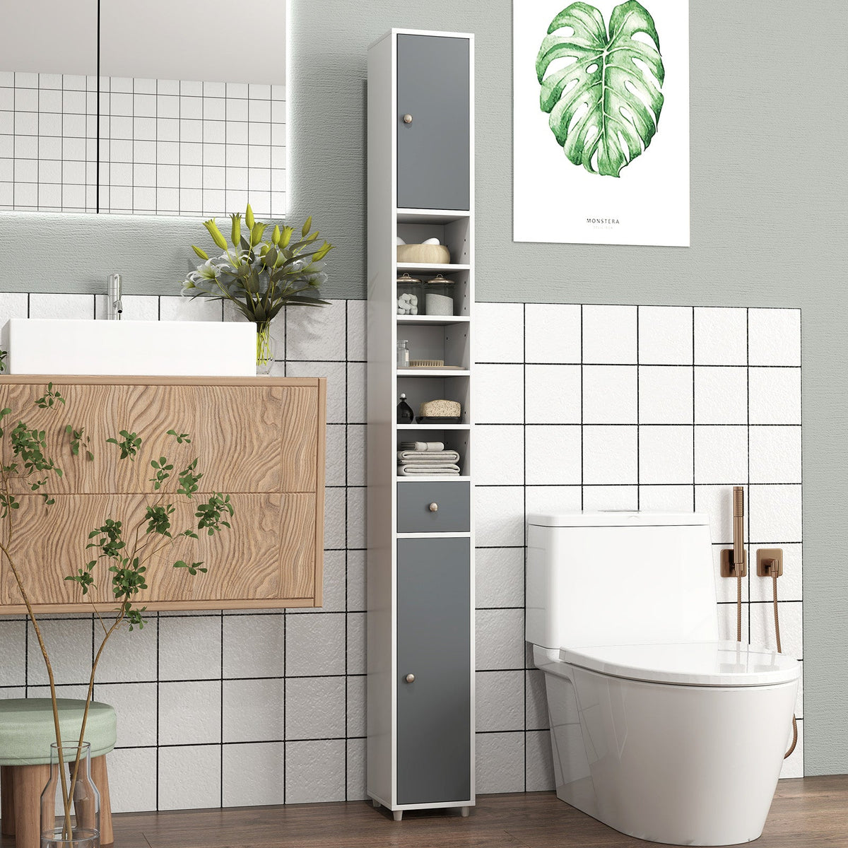180CM Tall Freestanding Bathroom Cabinet with 2 Doors and 1 Drawer-White