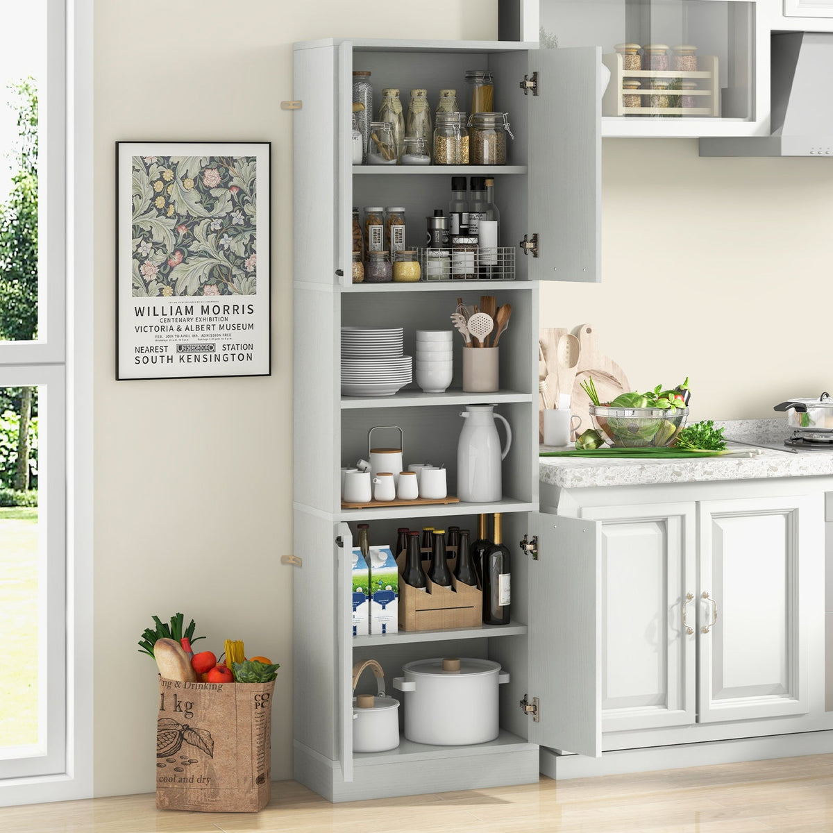 190cm Tall Freestanding Cupboard with Doors and Shelves-White