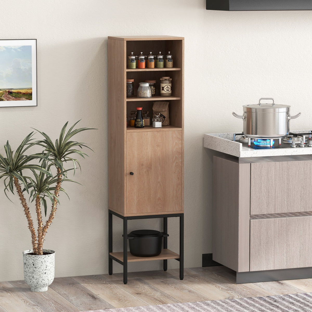 Tall Storage Cabinet with Adjustable Shelf and Bottom Storage-Black