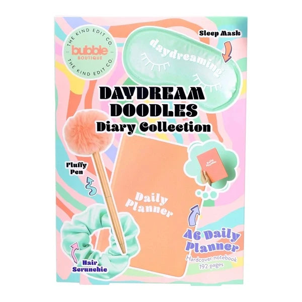 The Kind Edit Co. Bubble Boutique Daydream Doodles Diary Collection Gift Set 1 Notebook + 1 Fluffy Pen + 1 Eye Mask + 1 Satin Scrunchie