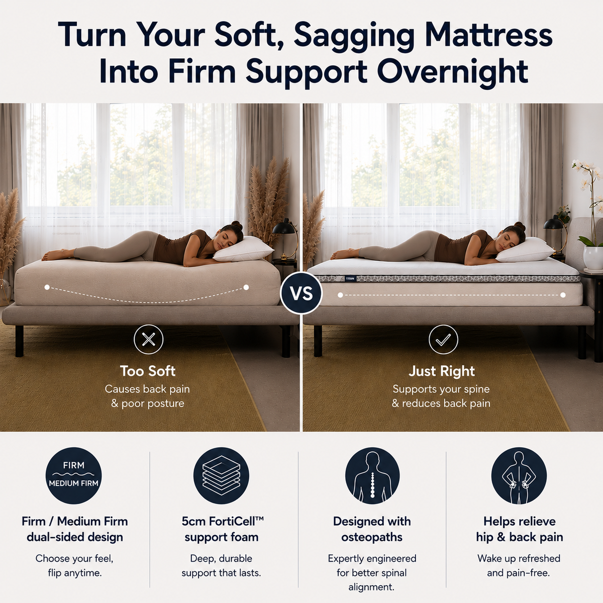 Brightr® Titan Deluxe Mattress Topper | Extra Firm & Firm| 8 cm Reversible | Designed for Soft & Sagging Mattresses