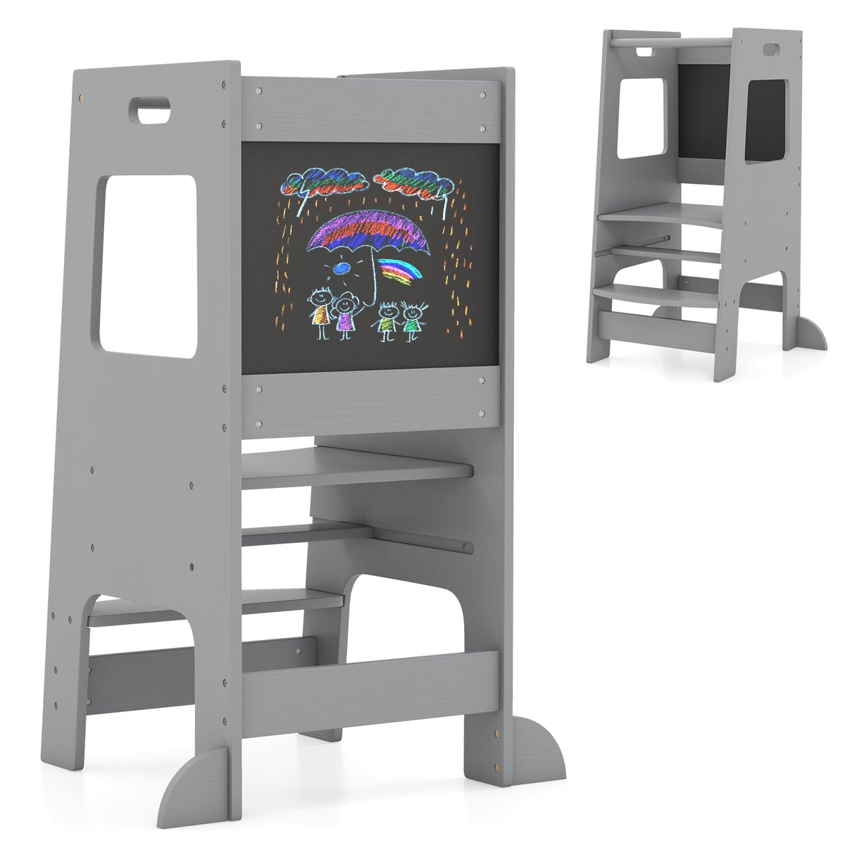 Toddler Kitchen Step Stool with Activity Chalkboard and Adjustable Height-Grey
