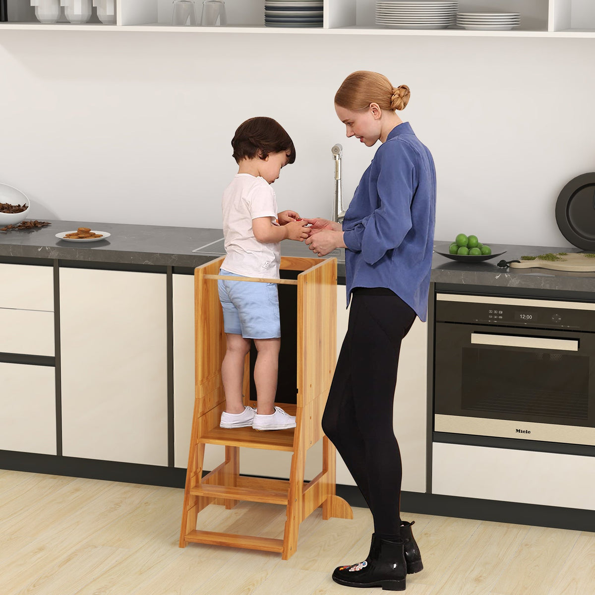 Toddler Kitchen Stool Helper with Chalkboard and Whiteboard-Grey