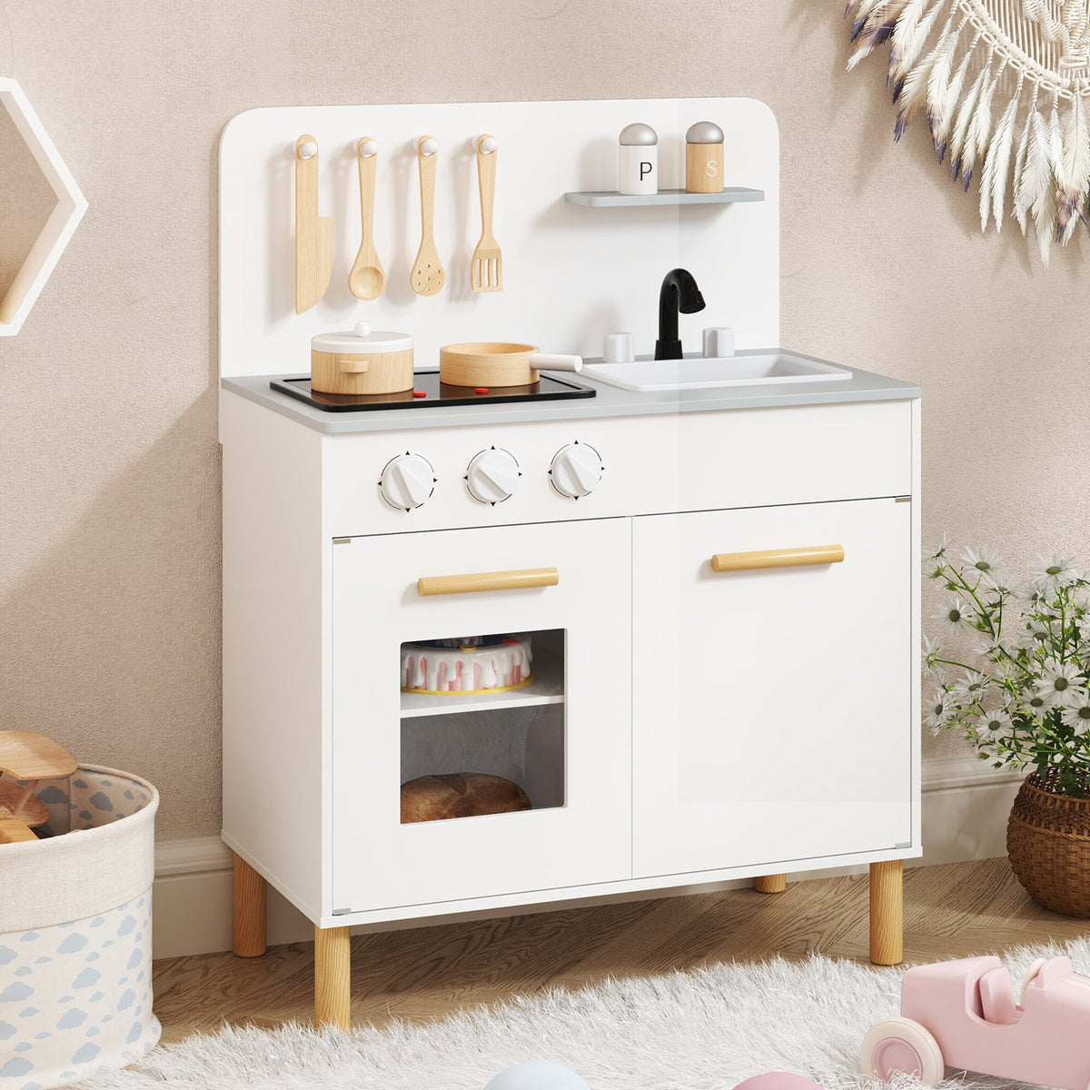 Toddler Pretend Play Kitchen with Light up Stove and Cooking Sounds-Pink