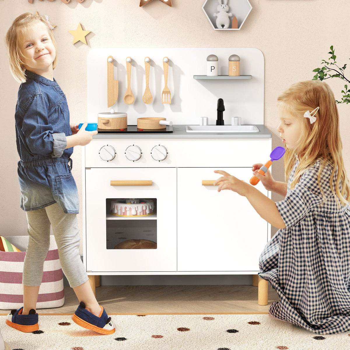 Toddler Pretend Play Kitchen with Light up Stove and Cooking Sounds-Pink