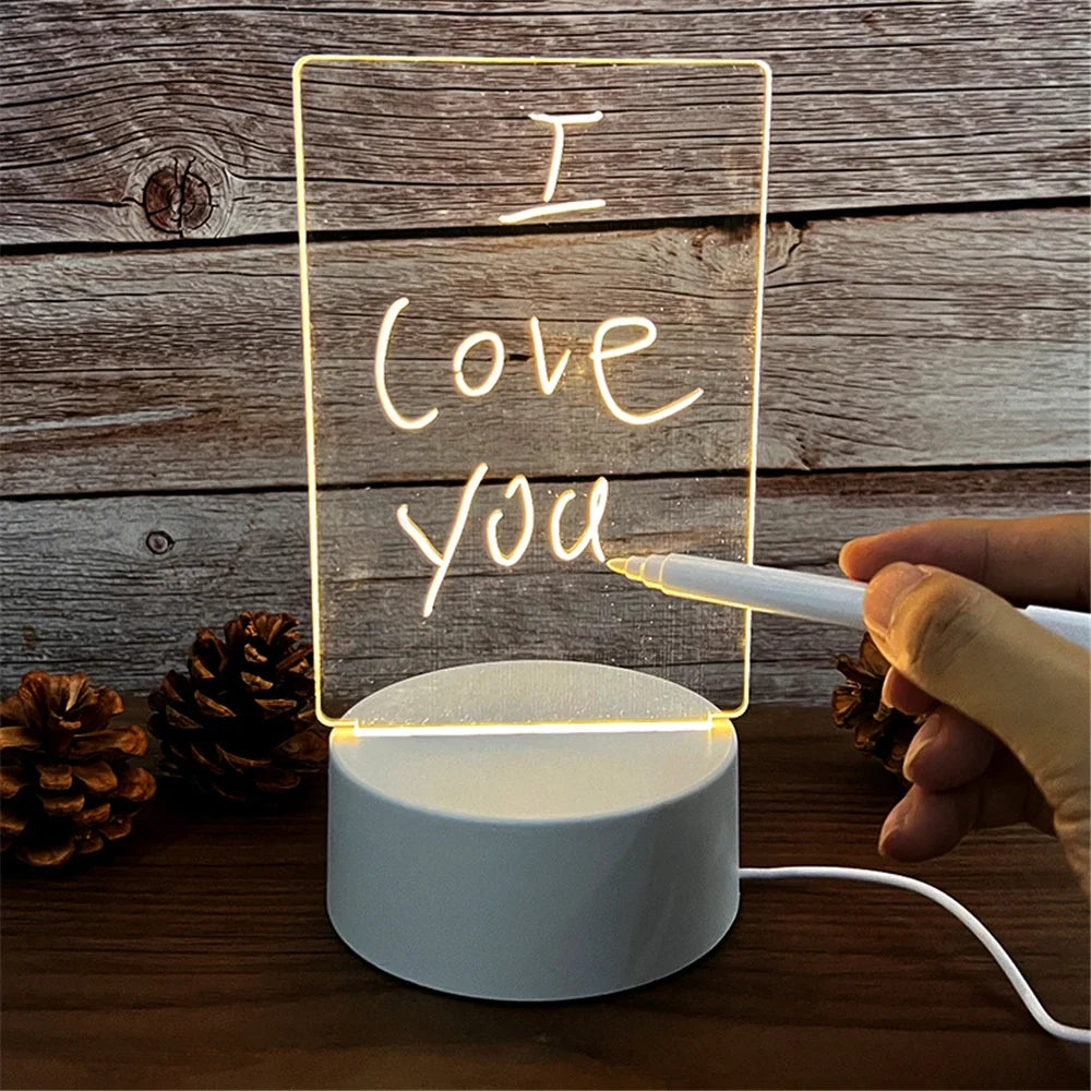 Transparent LED Night Light with Erasable Message Board - USB Luminous Acrylic Desktop Lamp
