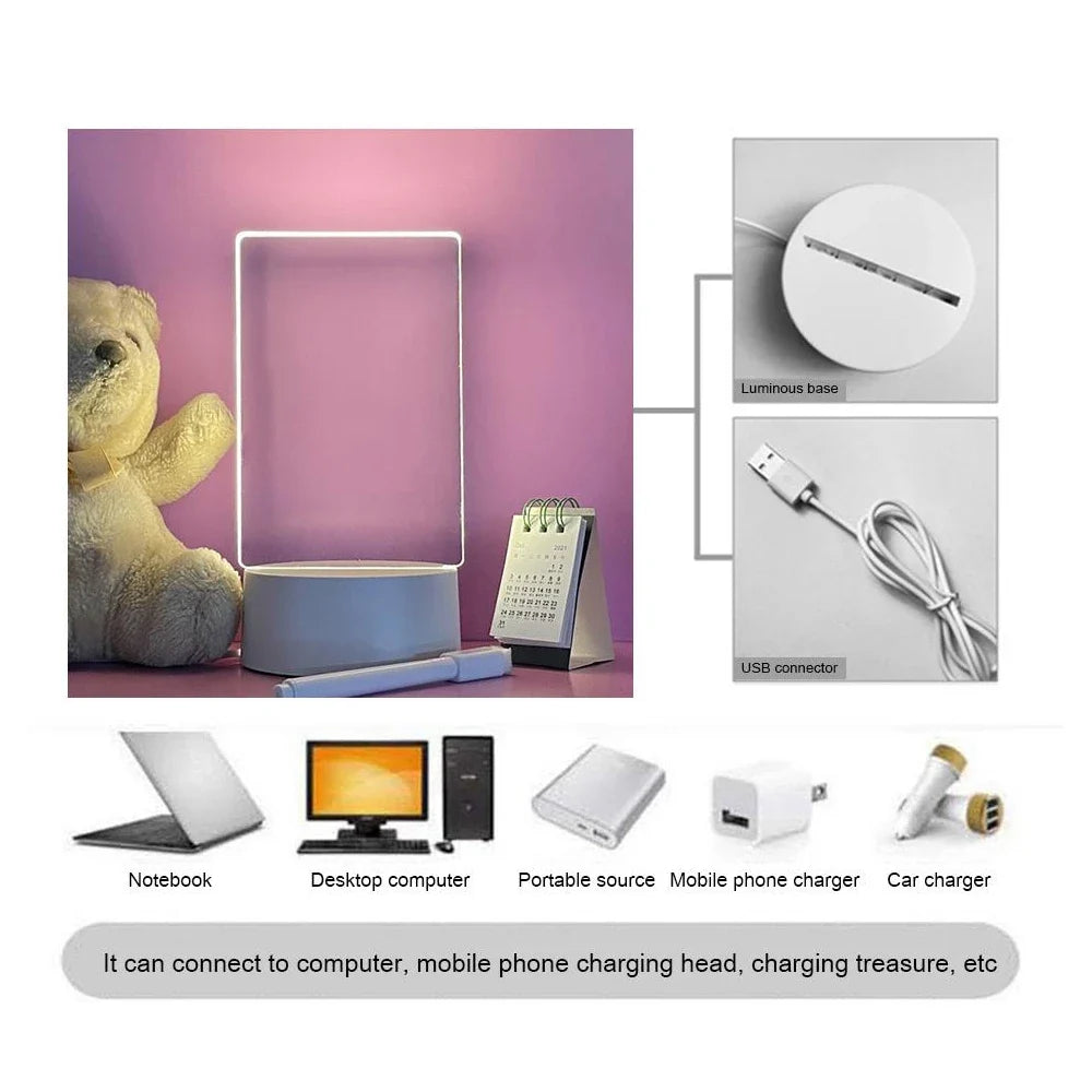 Transparent LED Night Light with Erasable Message Board - USB Luminous Acrylic Desktop Lamp