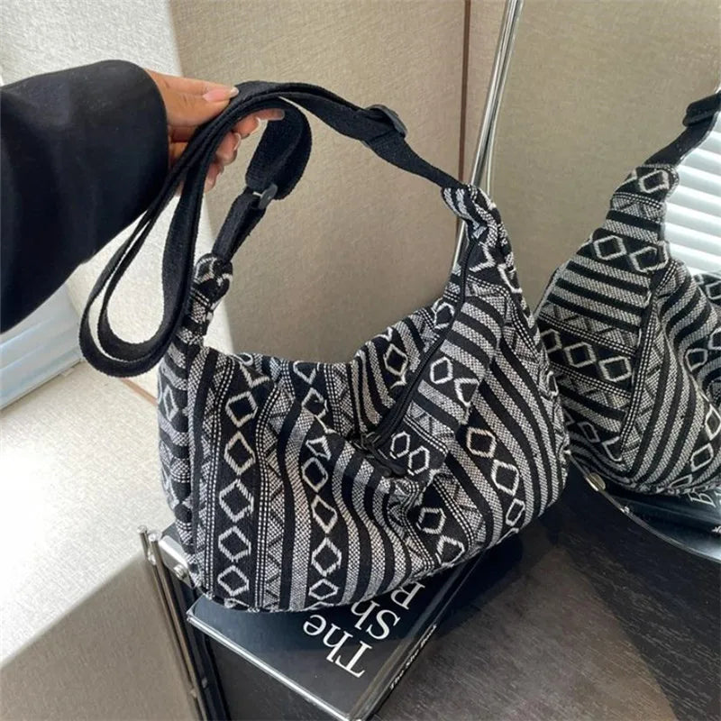 Tribal Style Shoulder Bag - Crossbody Zipper Closure, Striped Pattern Handbag