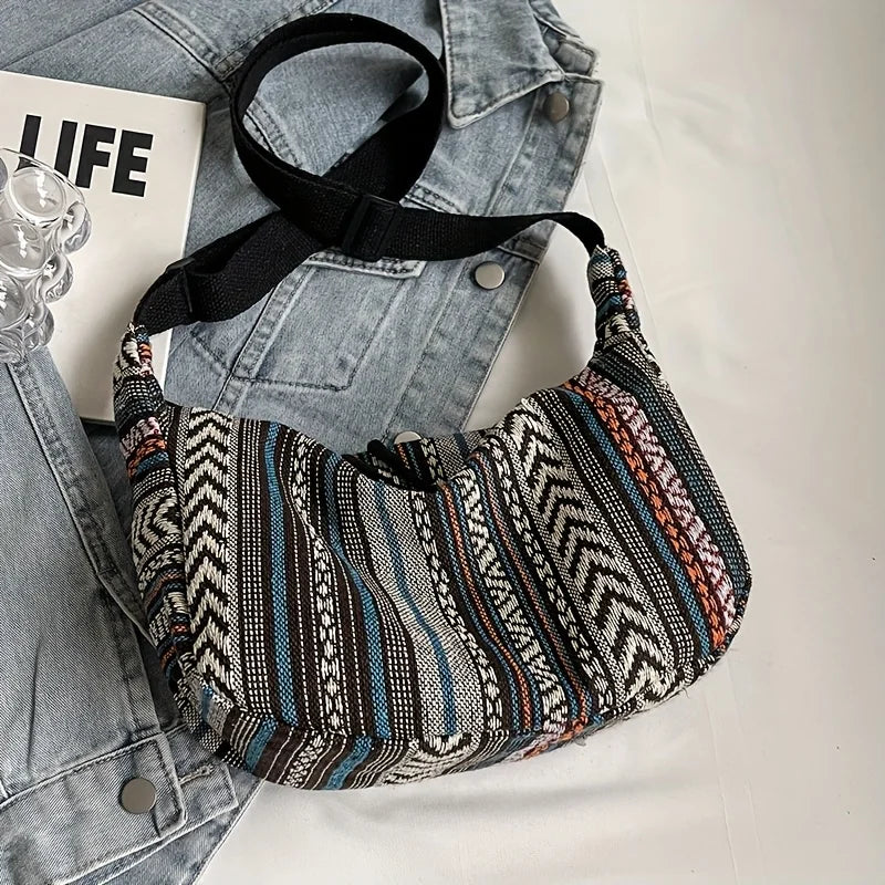 Tribal Style Shoulder Bag - Crossbody Zipper Closure, Striped Pattern Handbag