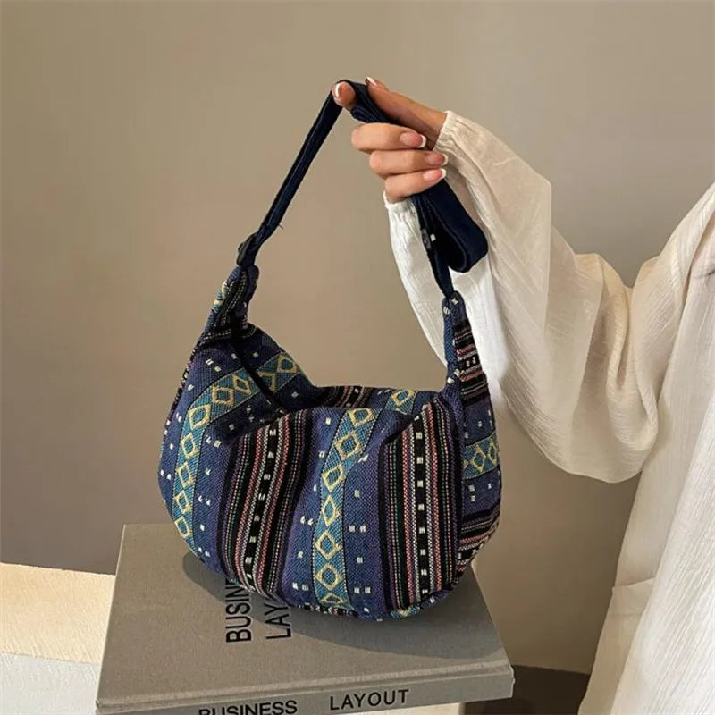 Tribal Style Shoulder Bag - Crossbody Zipper Closure, Striped Pattern Handbag