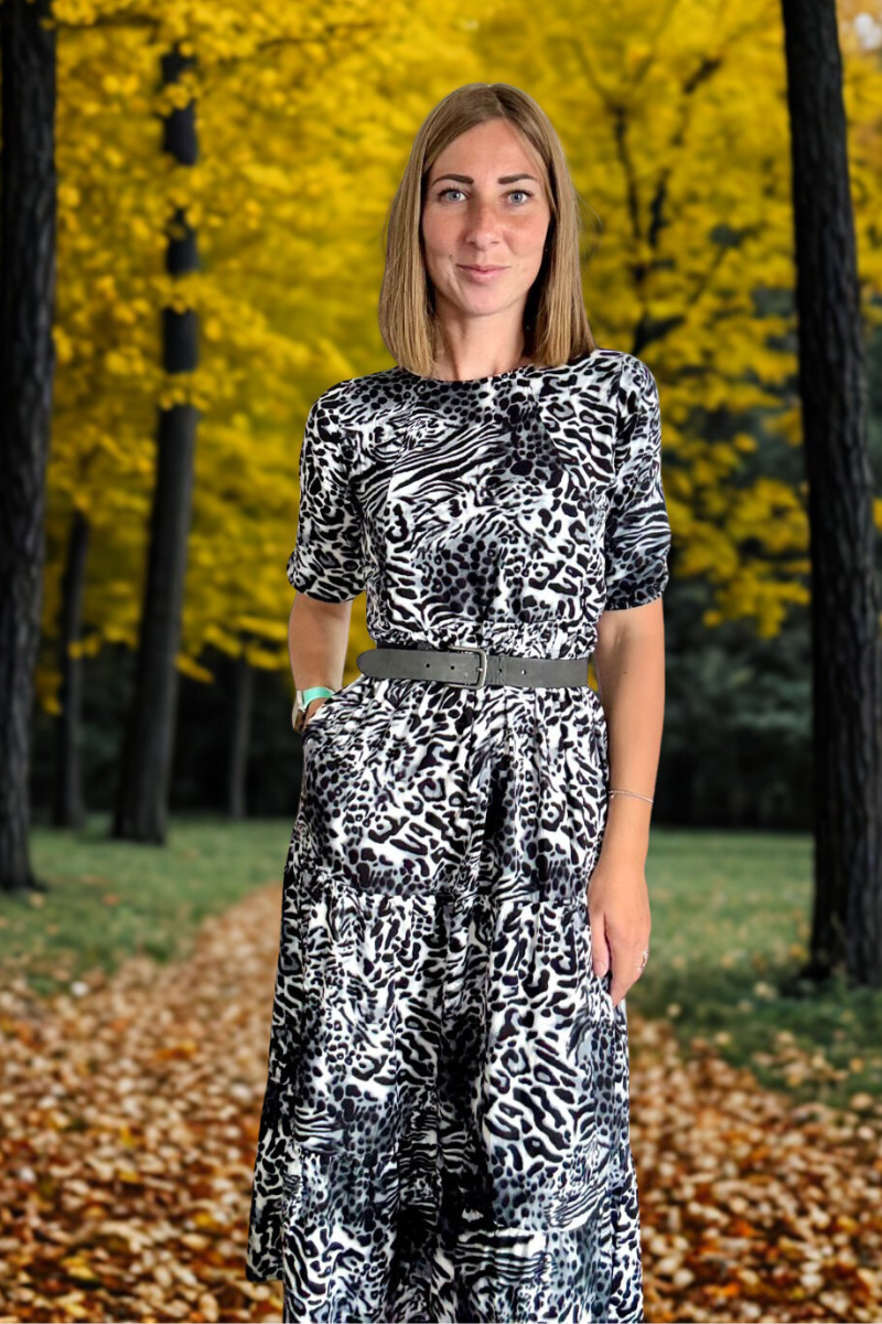 Grey Leopard Cotton Breastfeeding Midi Dress - Discreet Nursing Access | MilkyMoon