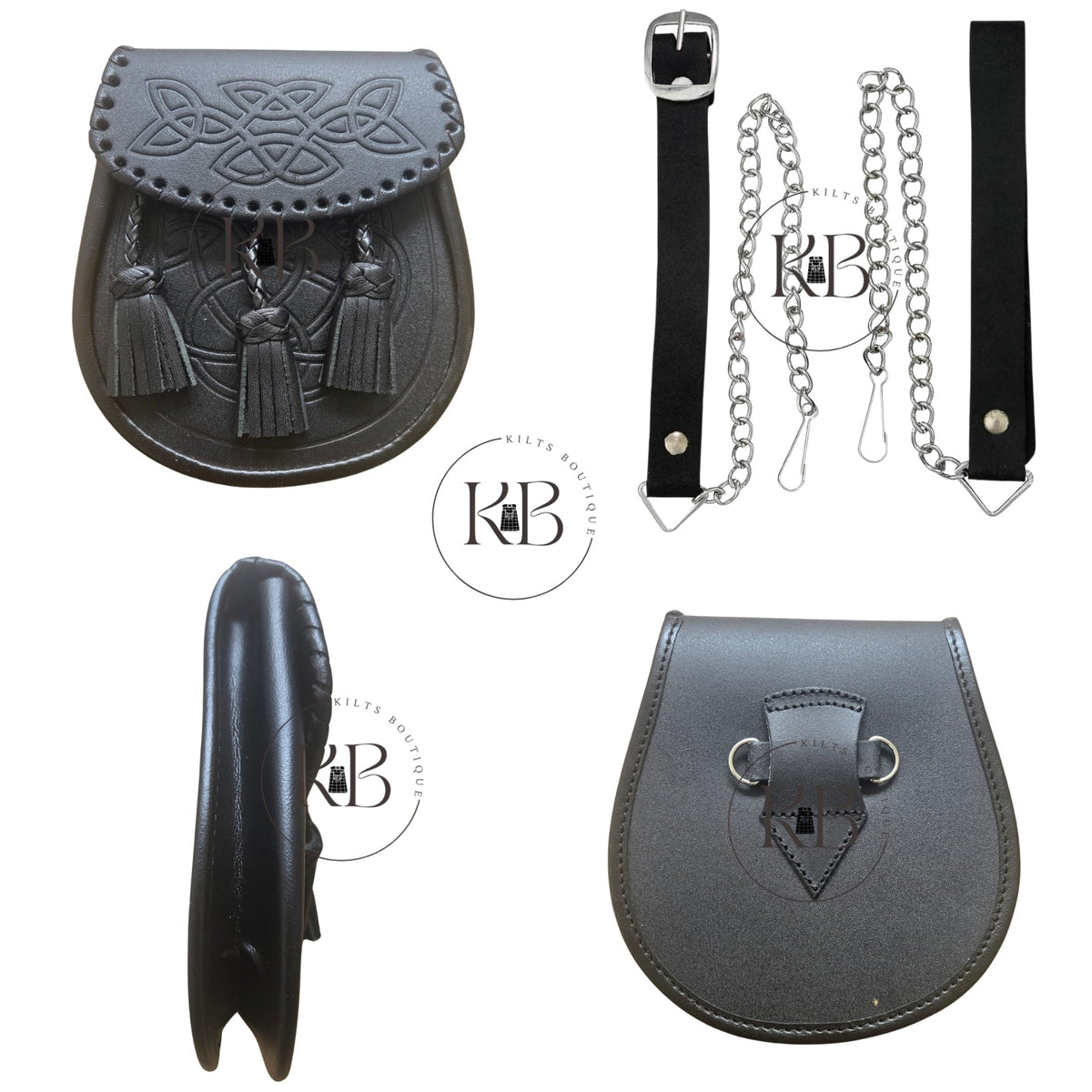 Double Embossed Black Leather Kilt Sporran 3 Tassels With Chain & Belt