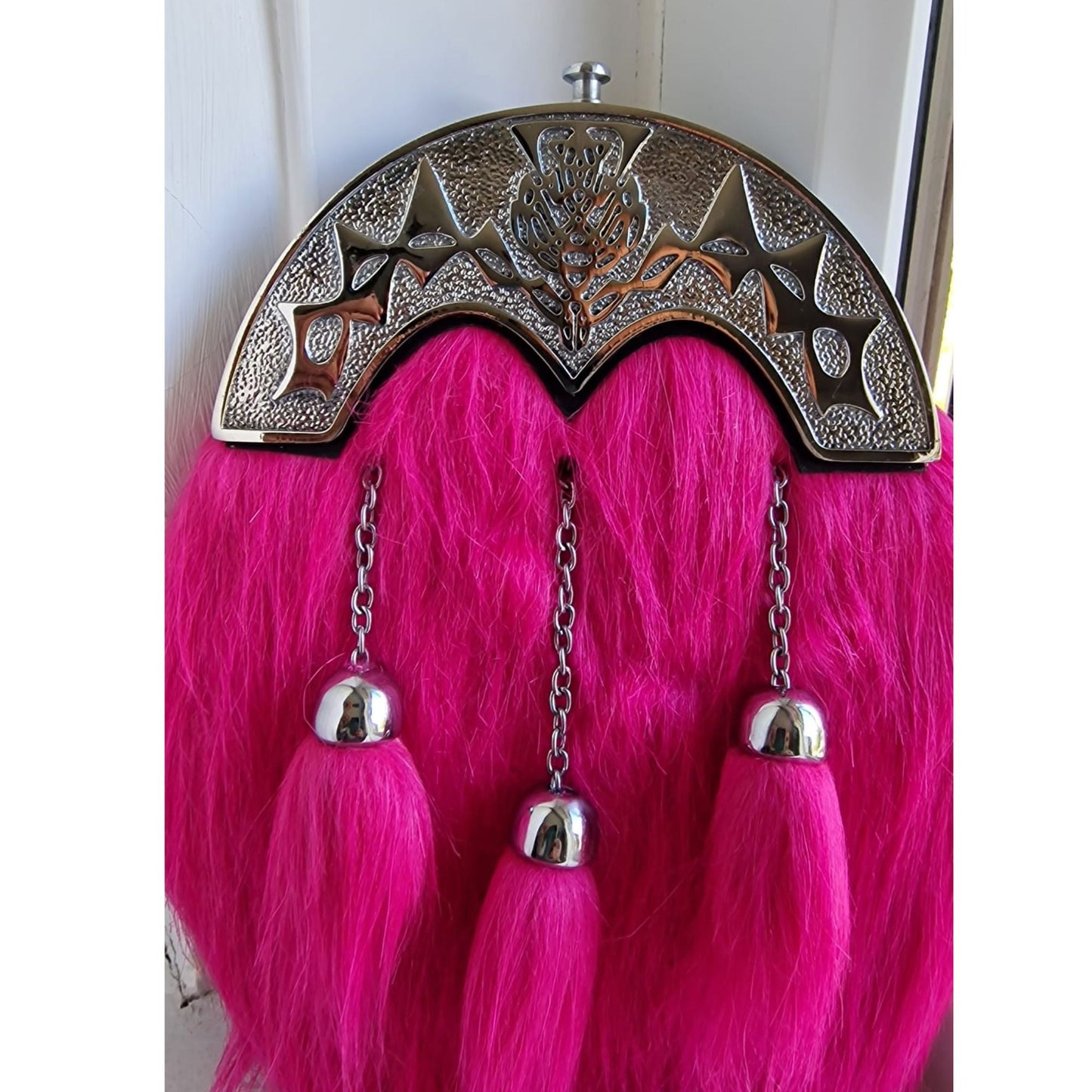 Pink Full Dress Kilt Sporran | Fur Thistle Cantle & 3 Tassels | Chrome Finish