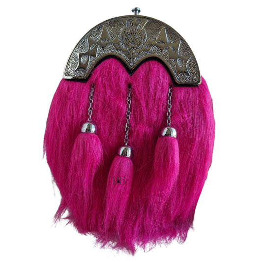 Pink Full Dress Kilt Sporran | Fur Thistle Cantle & 3 Tassels | Chrome Finish