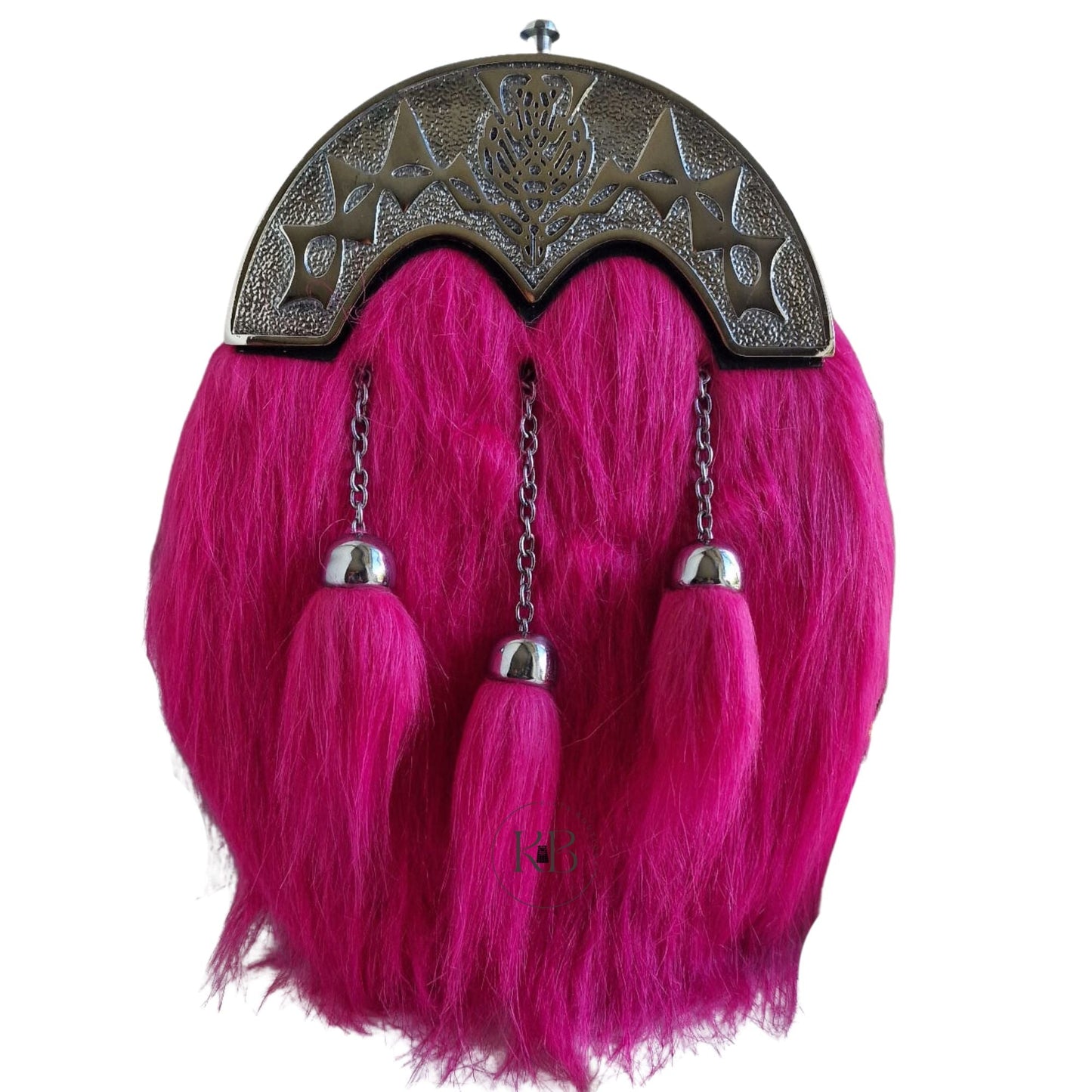Pink Full Dress Kilt Sporran | Fur Thistle Cantle & 3 Tassels | Chrome Finish