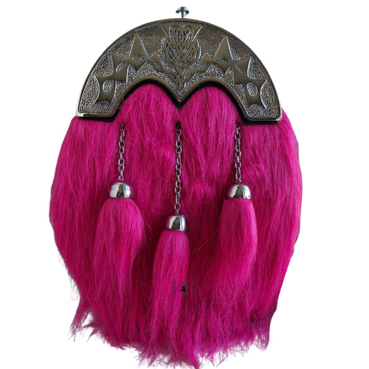 Pink Full Dress Kilt Sporran | Fur Thistle Cantle & 3 Tassels | Chrome Finish