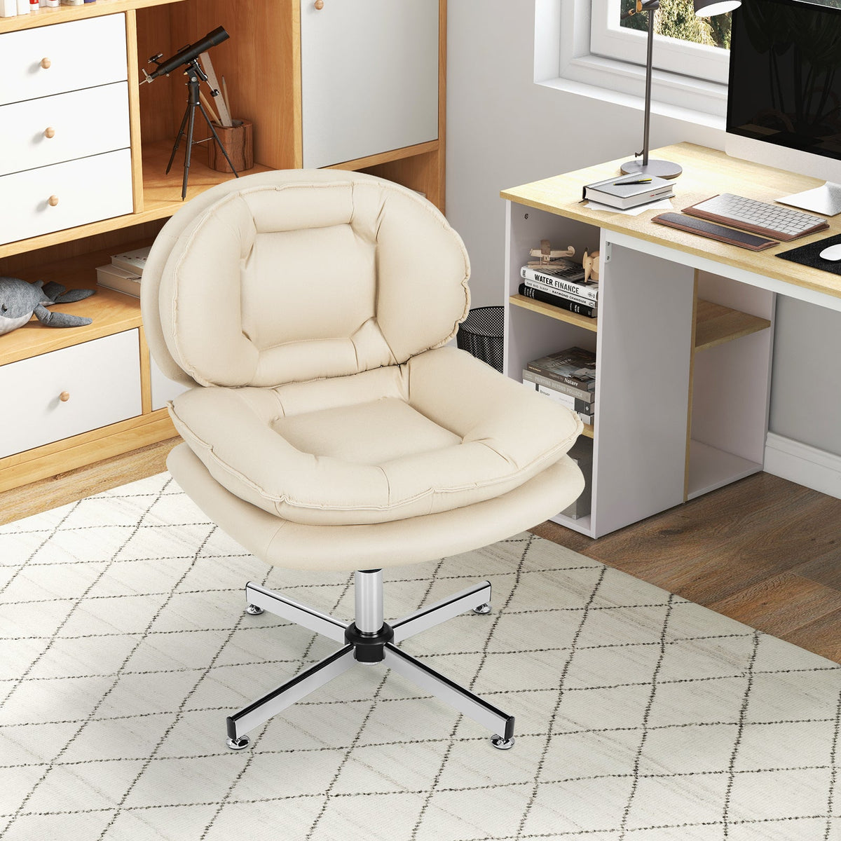 Armless Office Chair with Double Padded Back and Criss Cross Metal Base-Grey