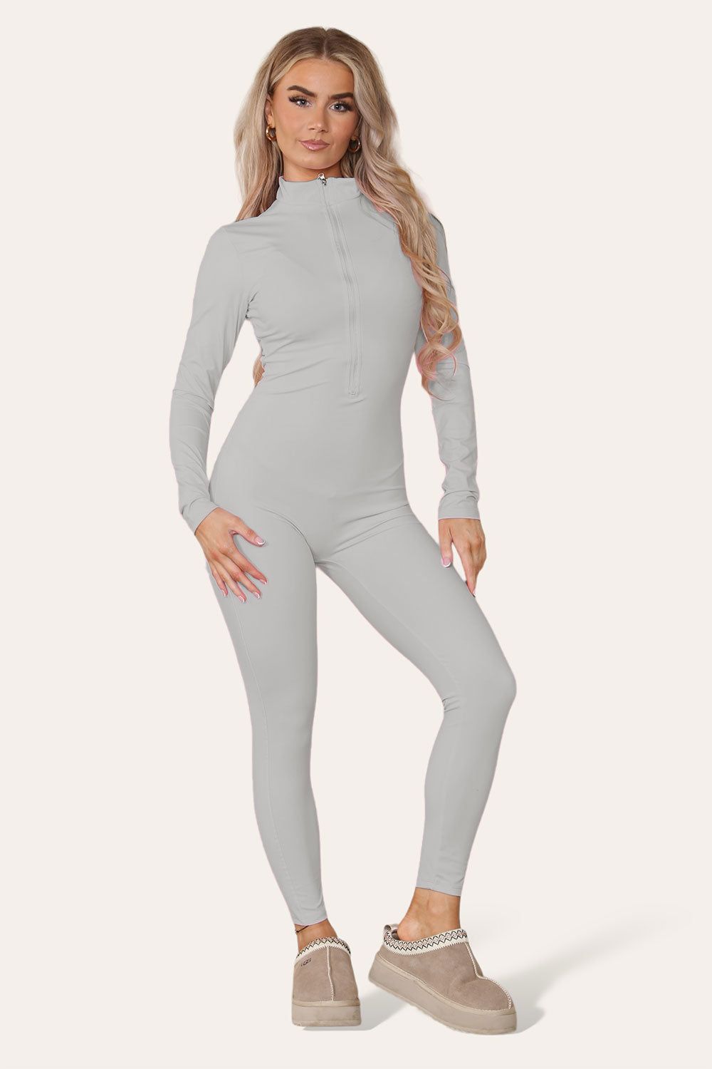 Ribbed High Neck Zipper Collar Jumpsuit Front Unitard Set