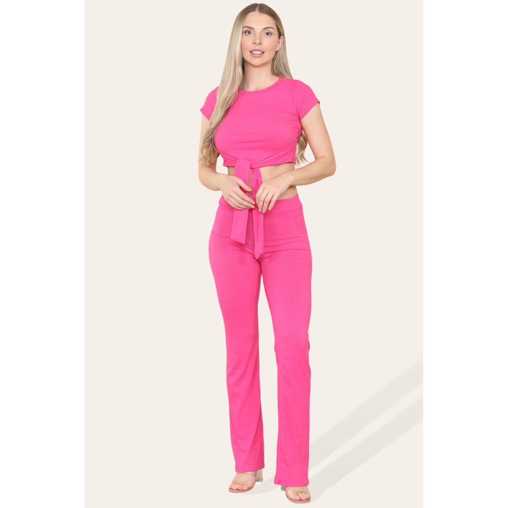 Tie Belt Front Cropped Loungewear Ribbed Trousers Set