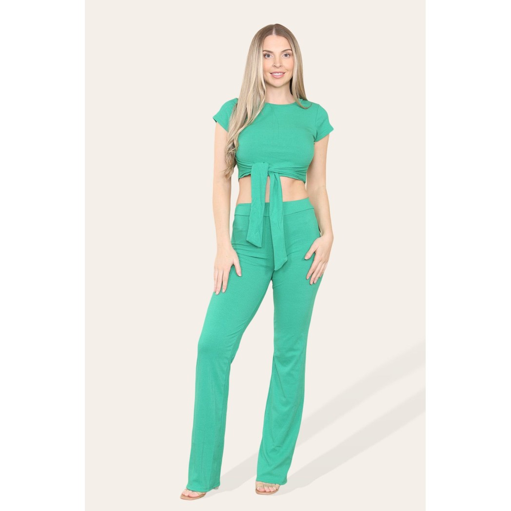 Tie Belt Front Cropped Loungewear Ribbed Trousers Set