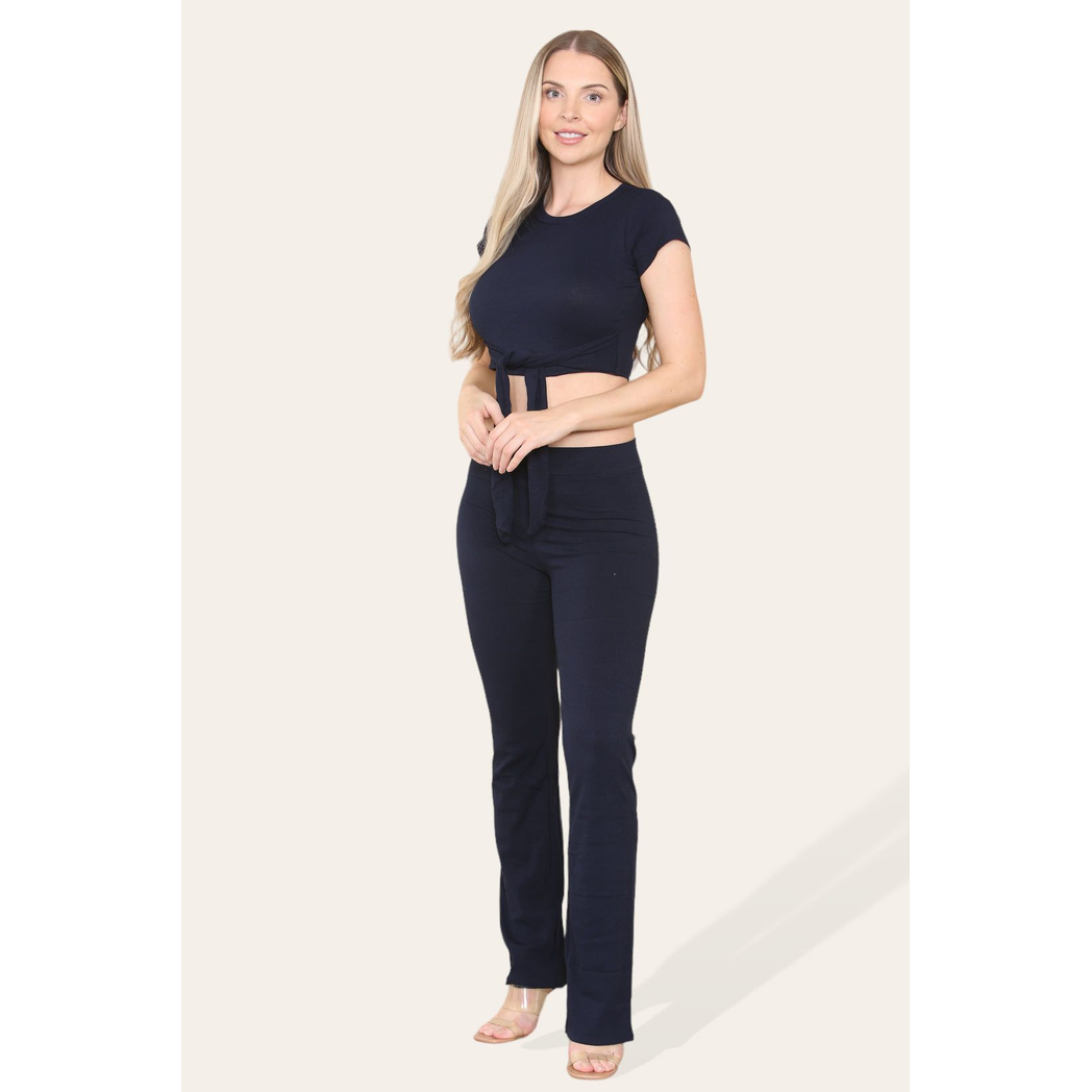 Tie Belt Front Cropped Loungewear Ribbed Trousers Set