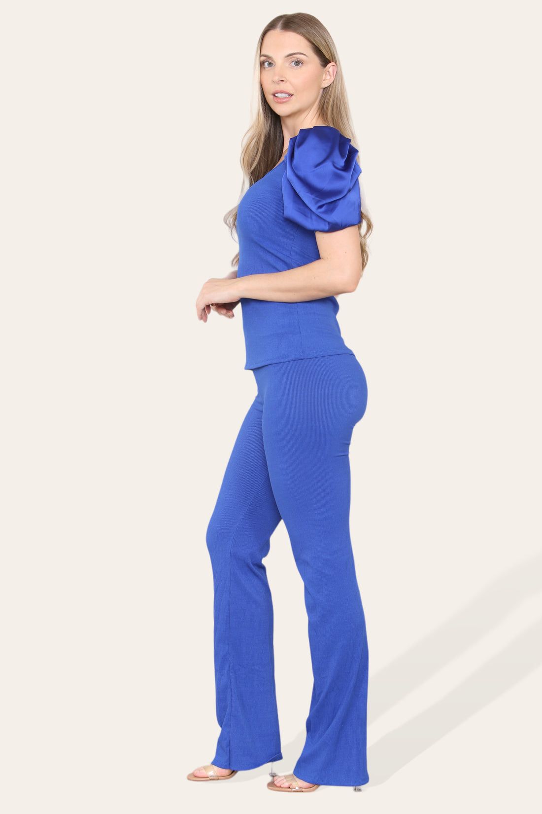 Silky Satin Puff Sleeves Ribbed Lounge Set