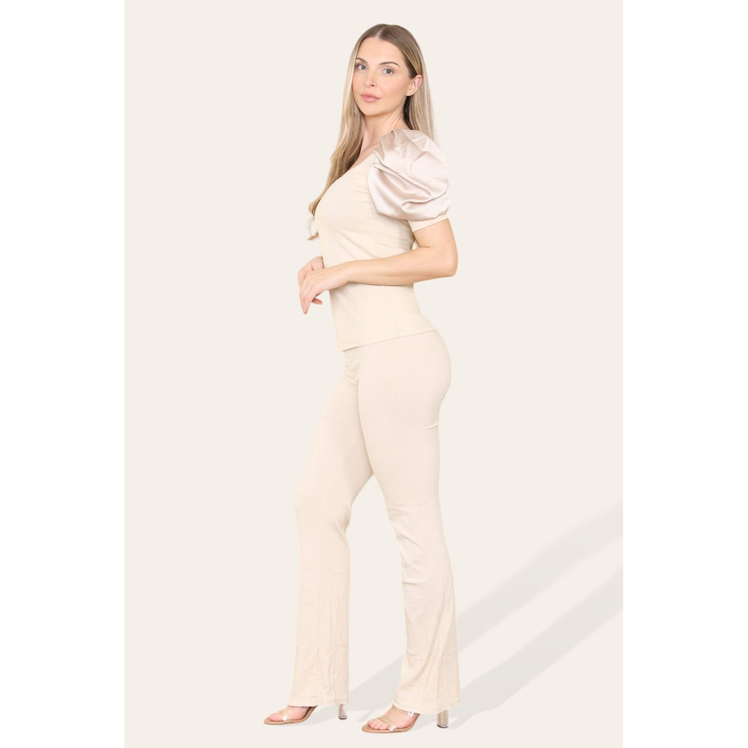 Silky Satin Puff Sleeves Ribbed Lounge Set