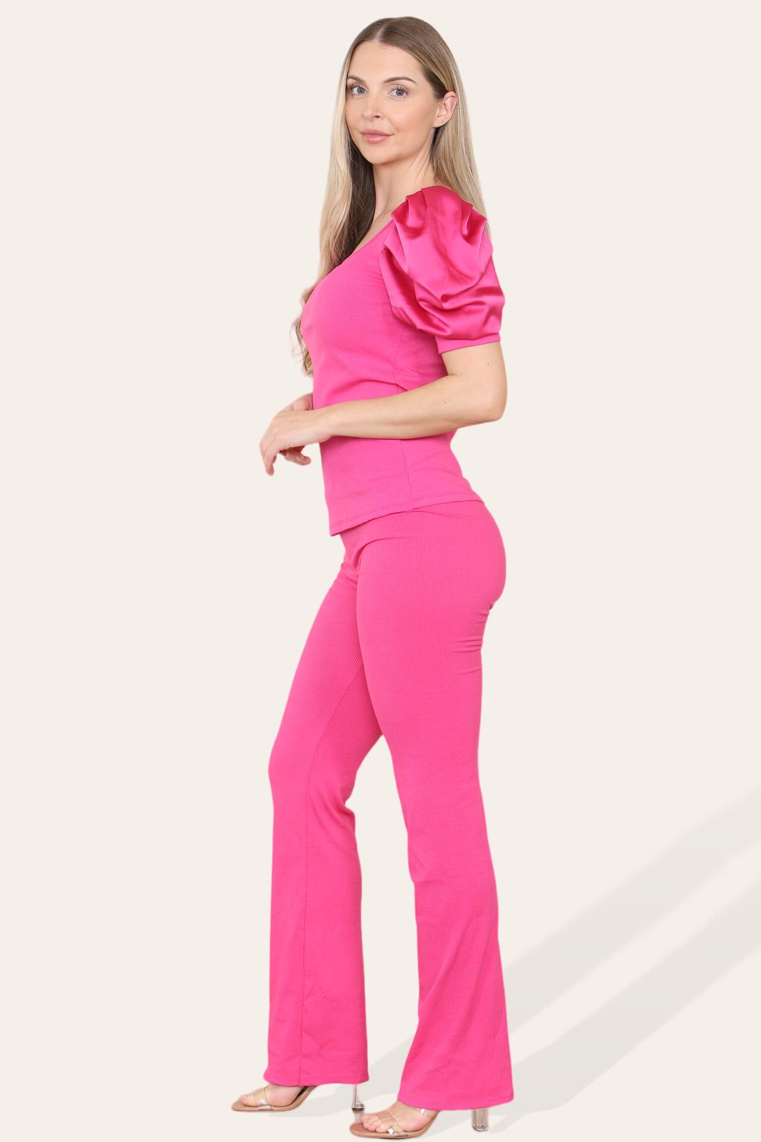 Silky Satin Puff Sleeves Ribbed Lounge Set