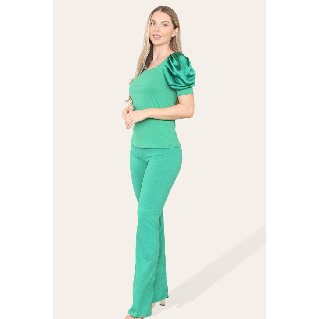 Silky Satin Puff Sleeves Ribbed Lounge Set
