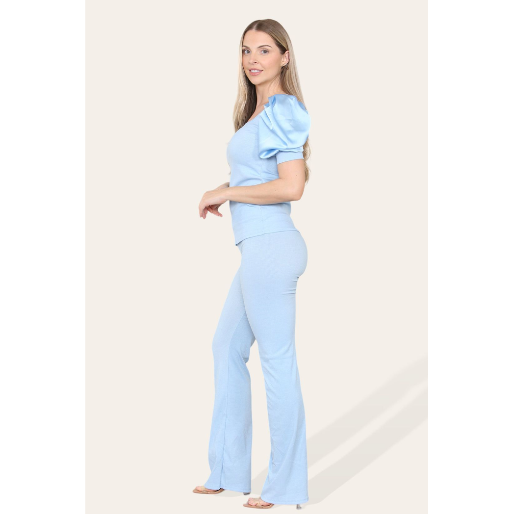 Silky Satin Puff Sleeves Ribbed Lounge Set