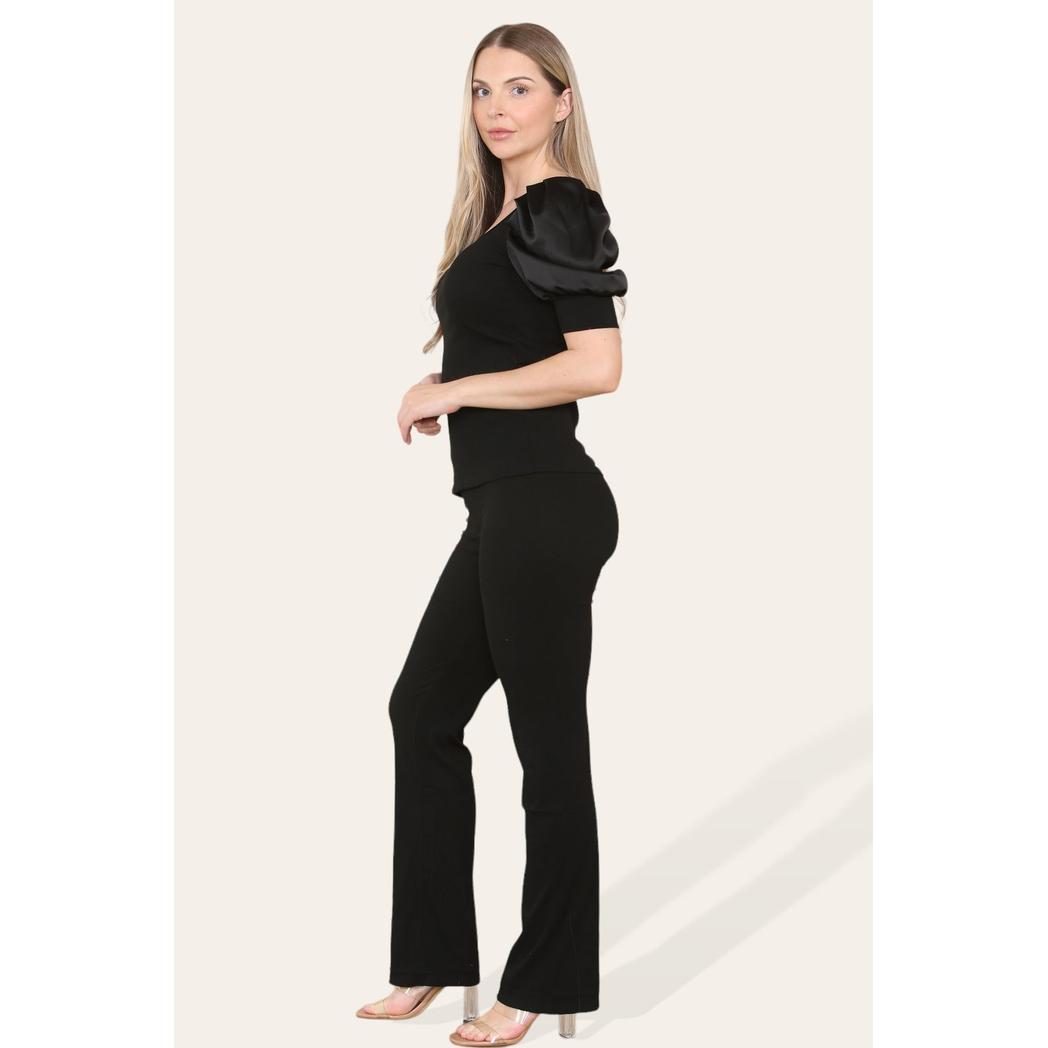 Silky Satin Puff Sleeves Ribbed Lounge Set