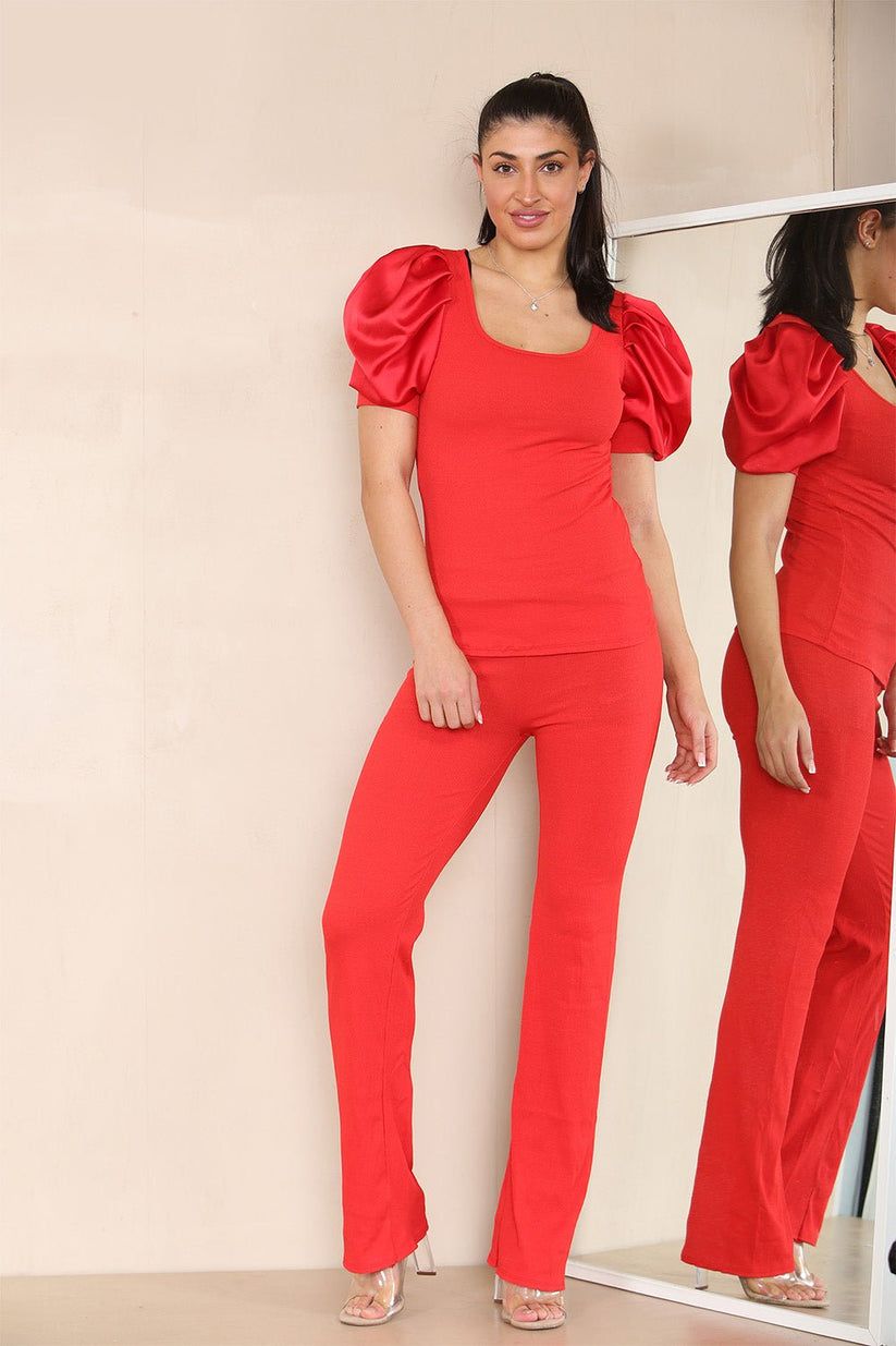 Silky Satin Puff Sleeves Ribbed Lounge Set