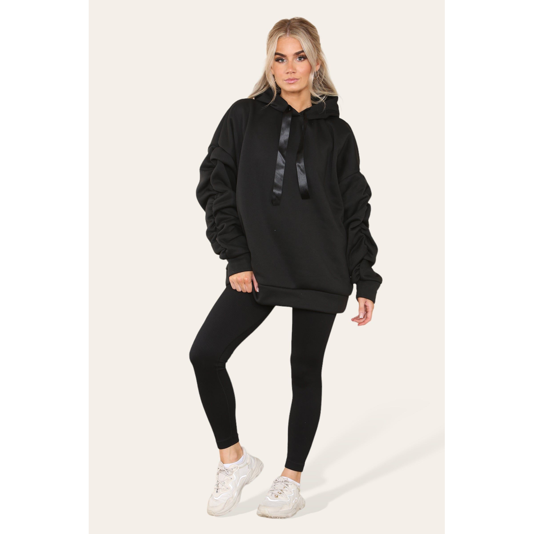 Oversized Ruched Sleeves Hoodie With Satin Ribbon