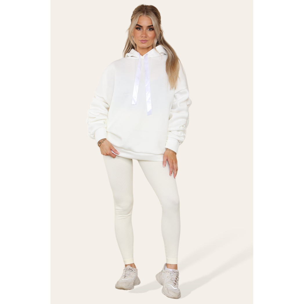 Oversized Ruched Sleeves Hoodie With Satin Ribbon