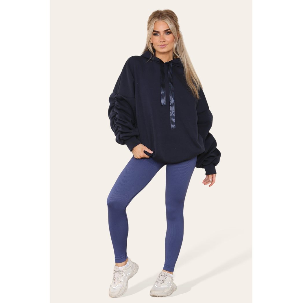 Oversized Ruched Sleeves Hoodie With Satin Ribbon