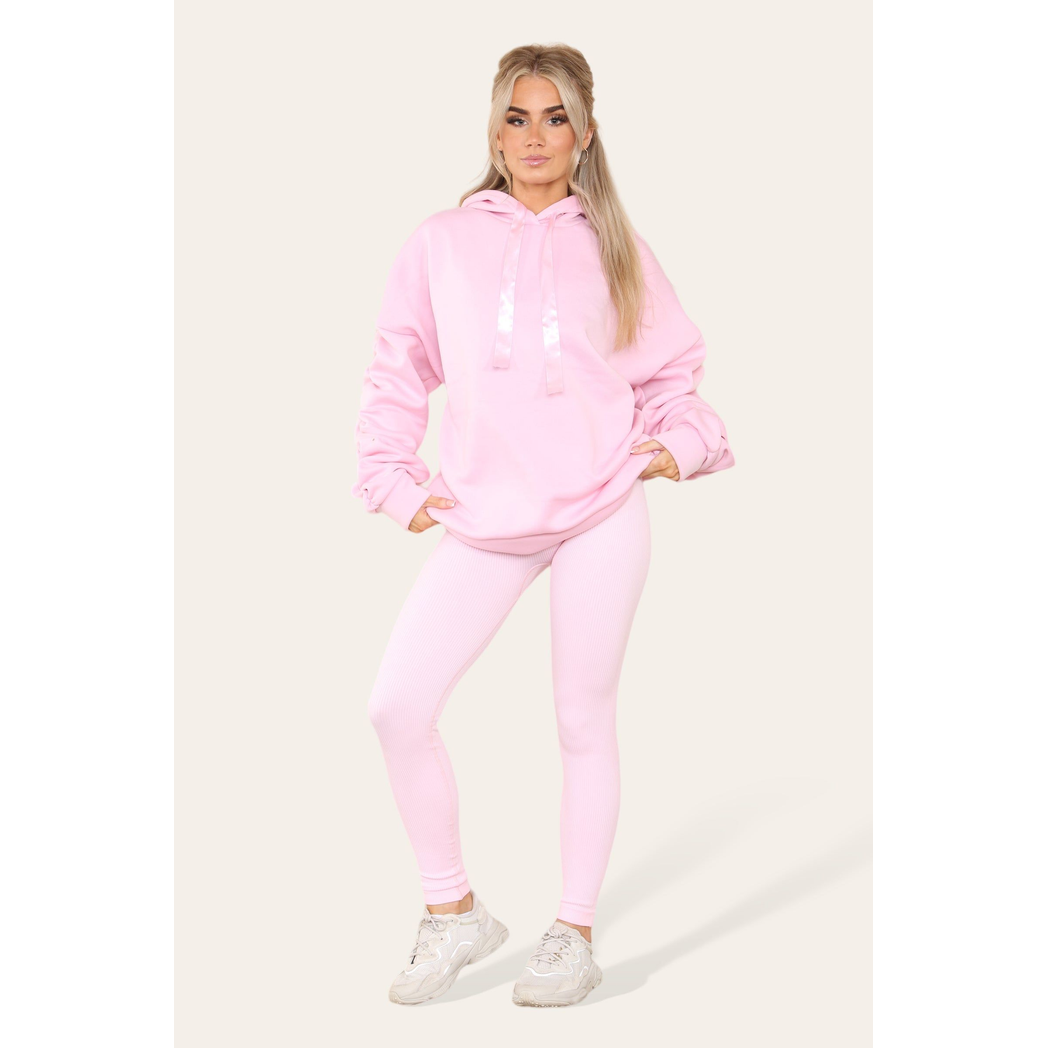 Oversized Ruched Sleeves Hoodie With Satin Ribbon