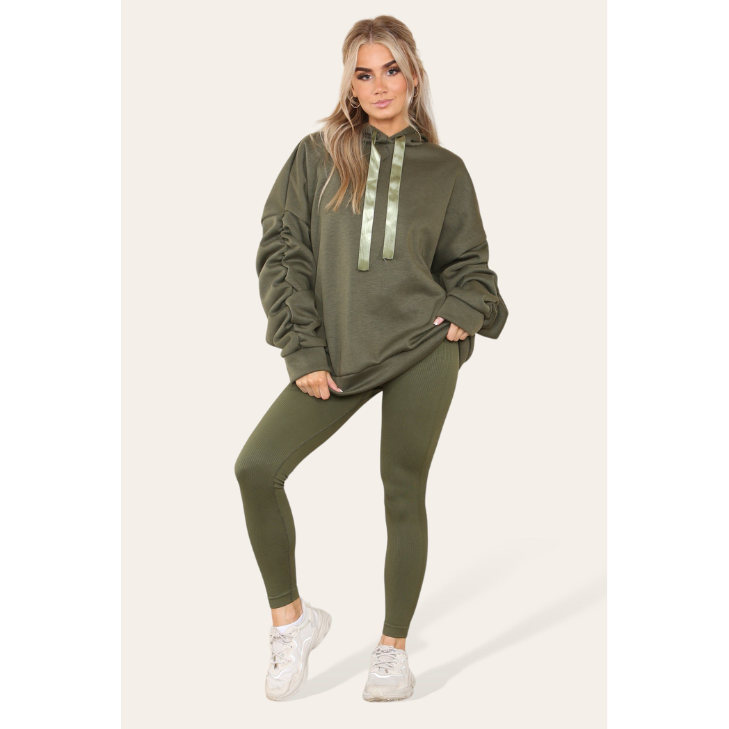 Oversized Ruched Sleeves Hoodie With Satin Ribbon