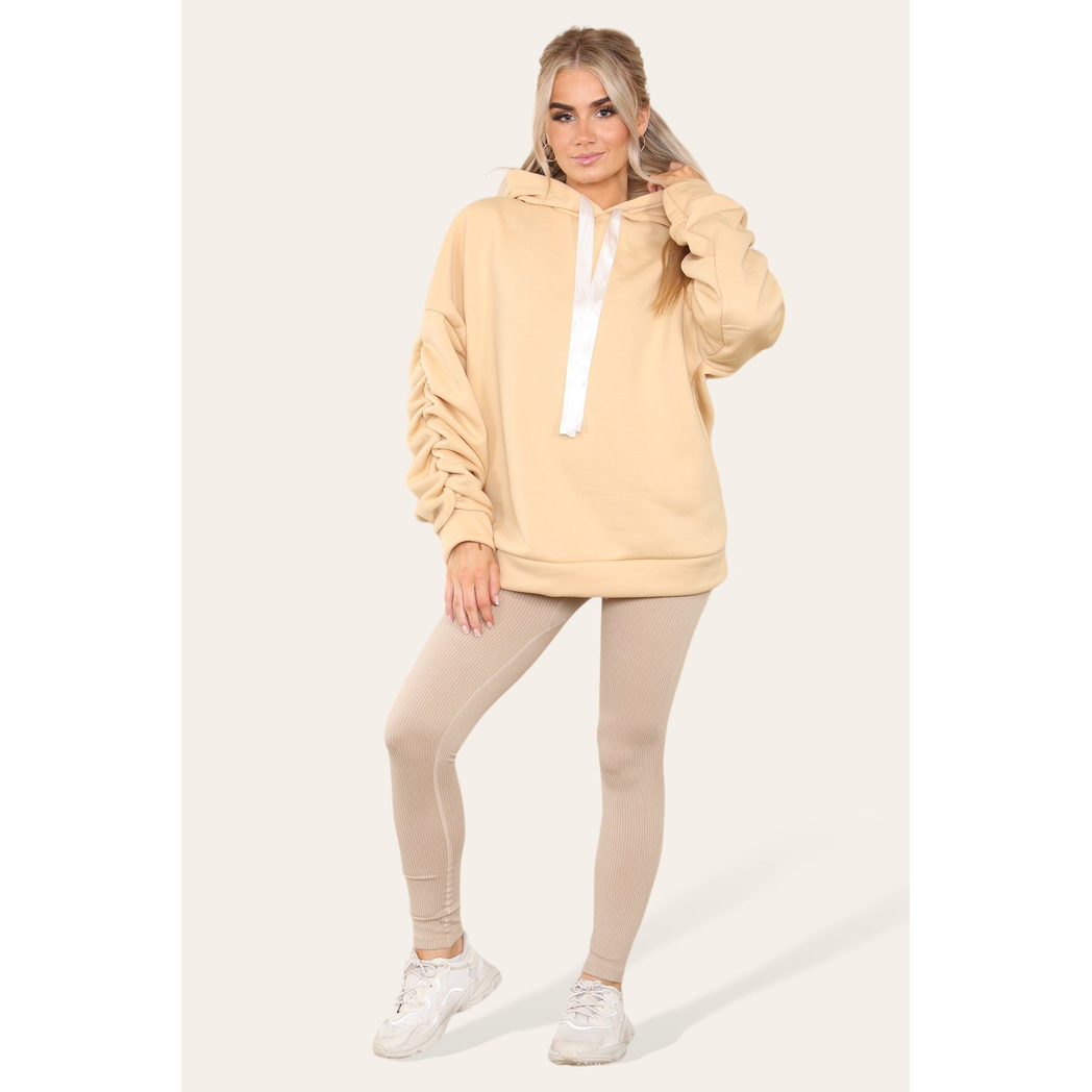 Oversized Ruched Sleeves Hoodie With Satin Ribbon