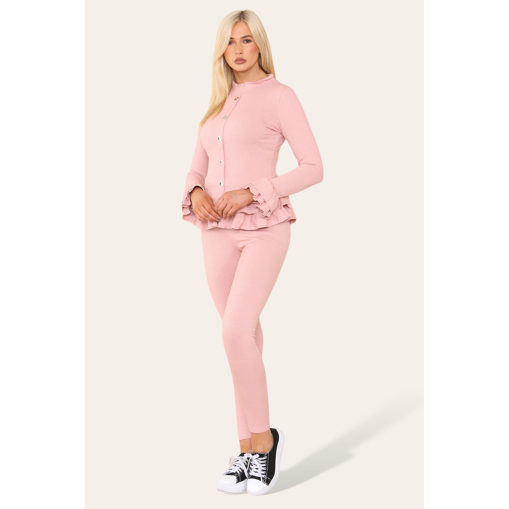 Long Sleeves Peplum Front Buttons Frilled Hem Lounge Wear Set